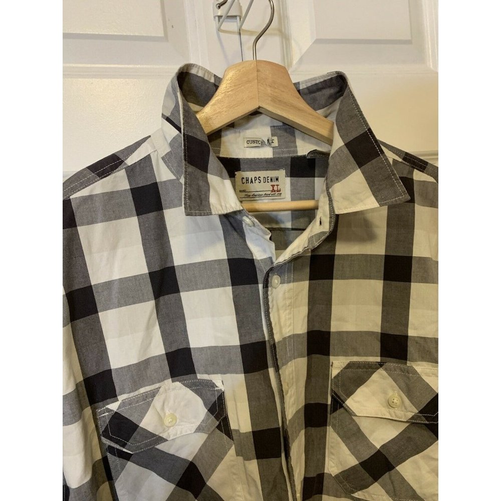 Vintage Men’s Sz XL Chaps Denim Black White Gray plaid‎